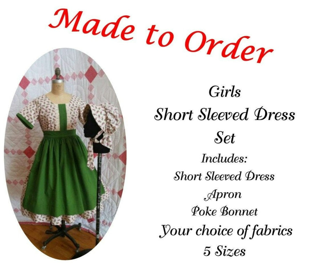 Girl's Short Sleeved Dress, Apron and Bonnet Set - MADE TO ORDER - Victorian, Civil War, Prairie School Days, Old-fashioned, Historical