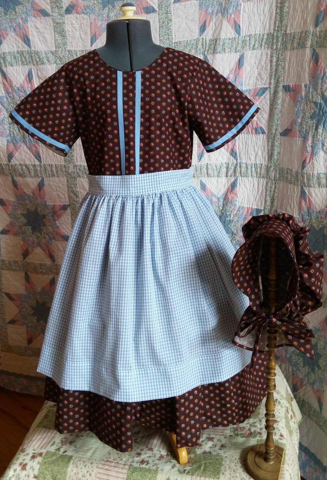 Girl's Short Sleeved Dress, Apron and Bonnet Set - MADE TO ORDER - Victorian, Civil War, Prairie School Days, Old-fashioned, Historical