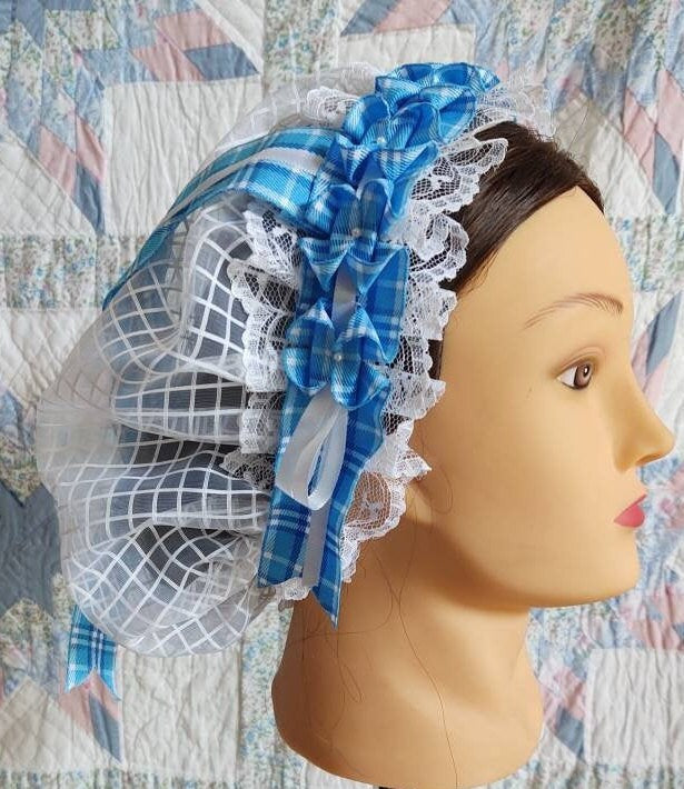 White Windowpane sheer Daycap with Blue Plaid Folded Ribbon Coronet and fascicule back - Day Cap, Civil War, Historical Headwear