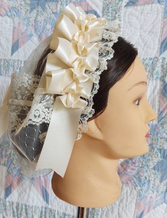 CREAM, CREAM, CREAM! Cream Ribboned Cream Lacy Daycap with lace accented back - Day Cap, Civil War, Historical Headwear