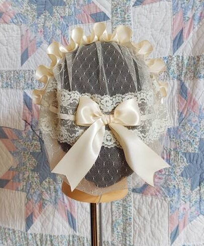 CREAM, CREAM, CREAM! Cream Ribboned Cream Lacy Daycap with lace accented back - Day Cap, Civil War, Historical Headwear