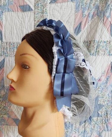 Slate Blue and Navy Ribboned White Lacy Daycap with lace accented back - Day Cap, Civil War, Historical Headwear