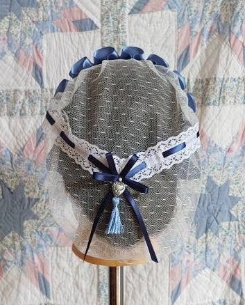 Slate Blue and Navy Ribboned White Lacy Daycap with lace accented back - Day Cap, Civil War, Historical Headwear