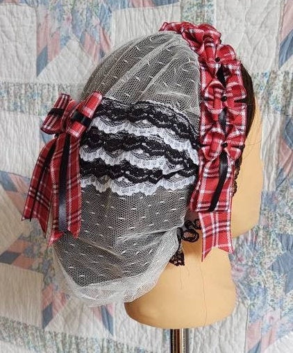 Red, Black and White Plaid Ribboned white Lacy Daycap with Lace Accented back - Day Cap, Civil War, Historical Headwear