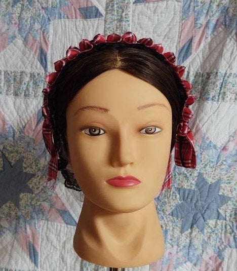 Red, Black and White Plaid Ribboned white Lacy Daycap with Lace Accented back - Day Cap, Civil War, Historical Headwear