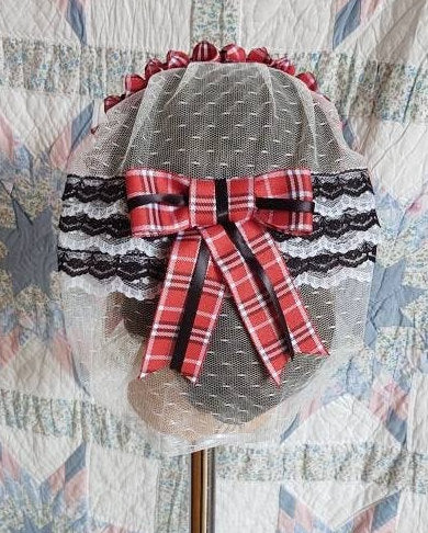 Red, Black and White Plaid Ribboned white Lacy Daycap with Lace Accented back - Day Cap, Civil War, Historical Headwear