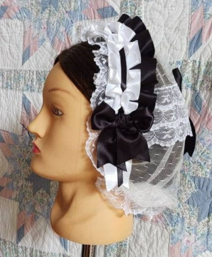 Black and White Ribboned White Lacy Daycap with lace accented back - Day Cap, Civil War, Historical Headwear