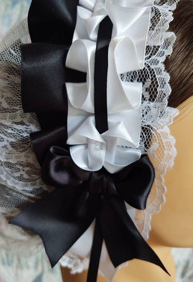 Black and White Ribboned White Lacy Daycap with lace accented back - Day Cap, Civil War, Historical Headwear