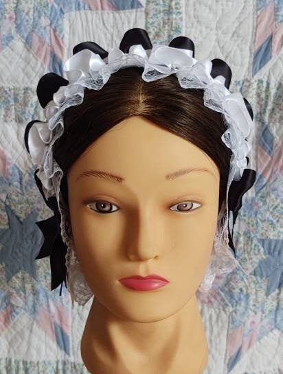 Black and White Ribboned White Lacy Daycap with lace accented back - Day Cap, Civil War, Historical Headwear