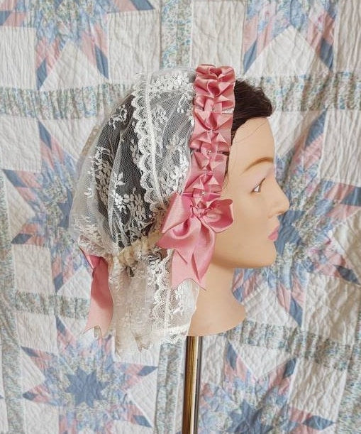 Cream Lace Fanchon Styled Day Cap with Peach Ribbon