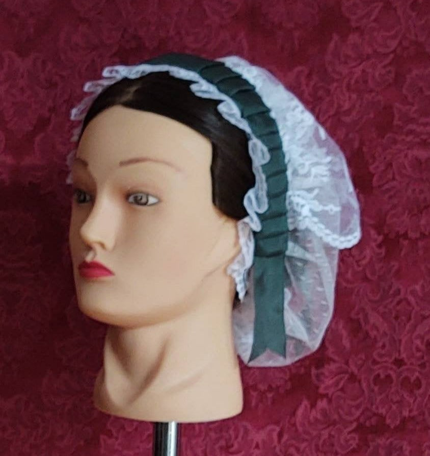 Daycap White Daycap with Forest Green folded ribbon coronet and overlay ...