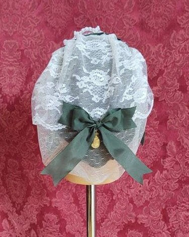 White Lacy Daycap with Forest Green folded ribbon coronet trim and fanchon style overlay - Day Cap, Civil War, Historical Headwear