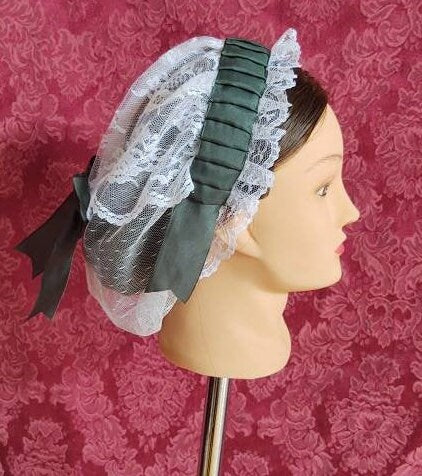 White Lacy Daycap with Forest Green folded ribbon coronet trim and fanchon style overlay - Day Cap, Civil War, Historical Headwear