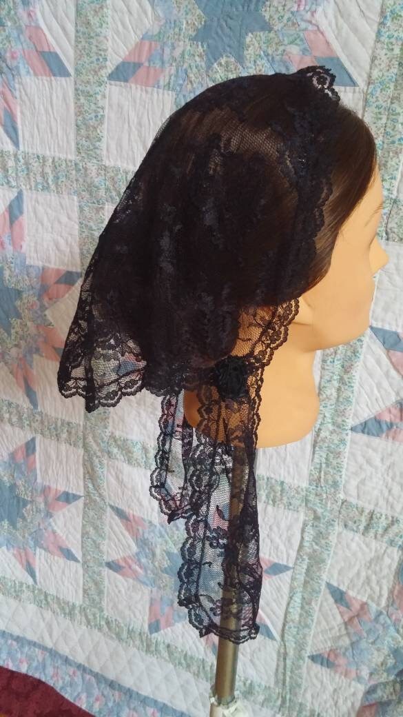 Black Lace Fanchon Styled Day Cap with Lappets - Daycap - Fanchon - Mourning, Historical Headcovering, Breakfast Cap, Civil War, Dickens