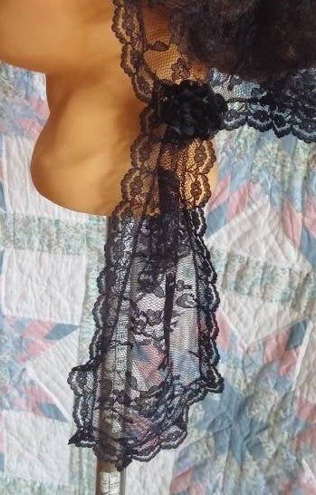 Black Lace Fanchon Styled Day Cap with Lappets - Daycap - Fanchon - Mourning, Historical Headcovering, Breakfast Cap, Civil War, Dickens