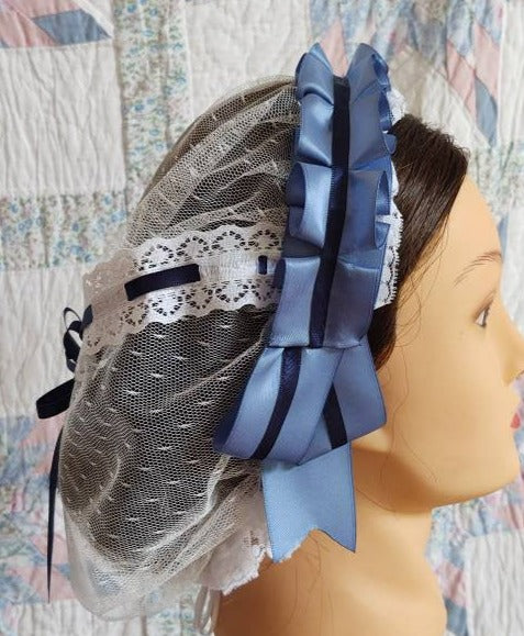 Slate Blue and Navy Ribboned White Lacy Daycap with lace accented back - Day Cap, Civil War, Historical Headwear