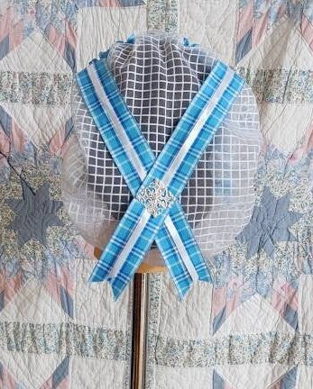 White Windowpane sheer Daycap with Blue Plaid Folded Ribbon Coronet and fascicule back - Day Cap, Civil War, Historical Headwear