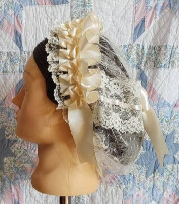 CREAM, CREAM, CREAM! Cream Ribboned Cream Lacy Daycap with lace accented back - Day Cap, Civil War, Historical Headwear
