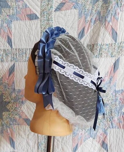 Slate Blue and Navy Ribboned White Lacy Daycap with lace accented back - Day Cap, Civil War, Historical Headwear