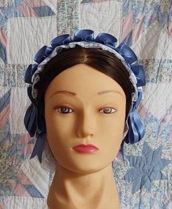 Slate Blue and Navy Ribboned White Lacy Daycap with lace accented back - Day Cap, Civil War, Historical Headwear