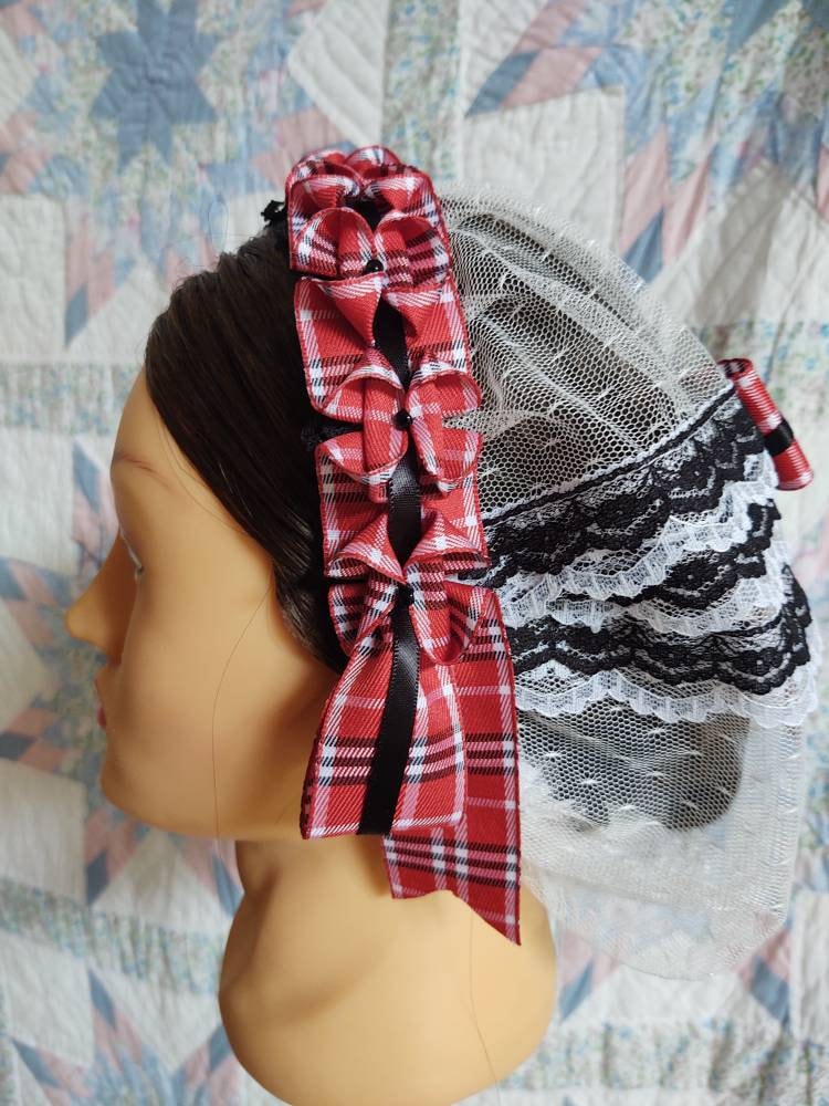 Red, Black and White Plaid Ribboned white Lacy Daycap with Lace Accented back - Day Cap, Civil War, Historical Headwear
