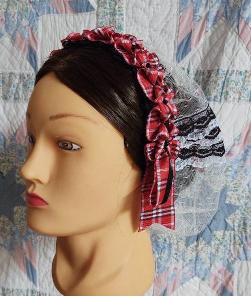 Red, Black and White Plaid Ribboned white Lacy Daycap with Lace Accented back - Day Cap, Civil War, Historical Headwear