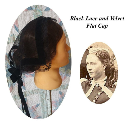 Black Lace Day Cap - Daycap - Flat Cap - Mourning, Historical Headcovering, Breakfast Cap, Civil War, Dickens, Headpiece