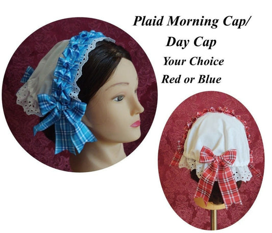 Plaid Ribbon Trimmed White Cotton Day Cap/ Morning Cap - colonial, regency, civil war, Victorian, Historical headwear,