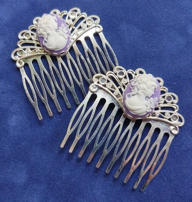 Pair of Purple Cameo on Silver Filigree Hair Combs, 19th Century Hair Accessory, Victorian, Prom, Evening, Prom, Bridal