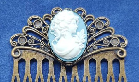 Pair of Blue Cameo on Bronze Filigree Hair Combs, 19th Century Hair Accessory, Victorian, Prom, Evening, Prom, Bridal