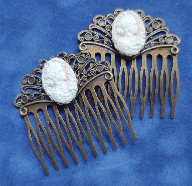 Pair of Pink Cameo on Bronze Filigree Hair Combs, 19th Century Hair Accessory, Victorian, Prom, Evening, Prom, Bridal