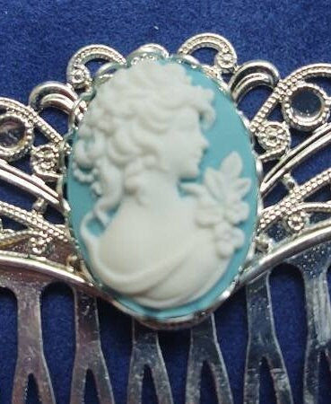 Pair of Blue Cameo on silver Filigree Hair Combs, 19th Century Hair Accessory, Victorian, Prom, Evening, Prom, Bridal