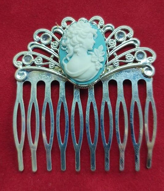 Pair of Blue Cameo on silver Filigree Hair Combs, 19th Century Hair Accessory, Victorian, Prom, Evening, Prom, Bridal