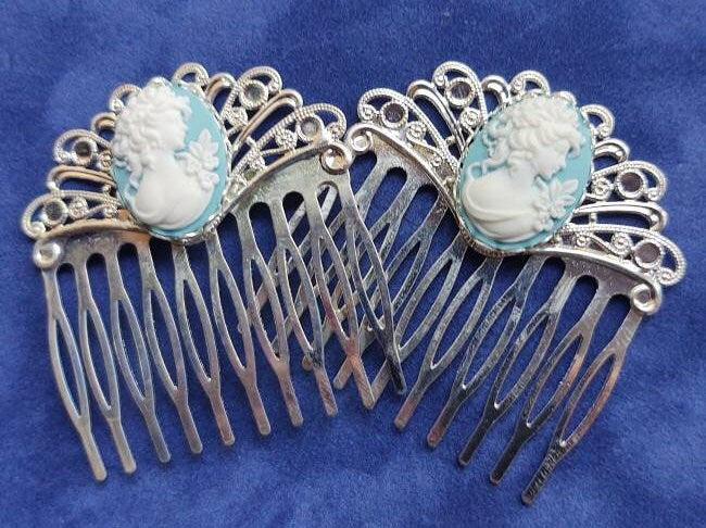 Pair of Blue Cameo on silver Filigree Hair Combs, 19th Century Hair Accessory, Victorian, Prom, Evening, Prom, Bridal