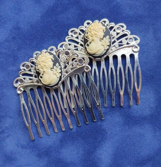 Pair of Black Cameo on Silver Filigree Hair Combs, 19th Century Hair Accessory, Victorian, Prom, Evening, Prom, Bridal