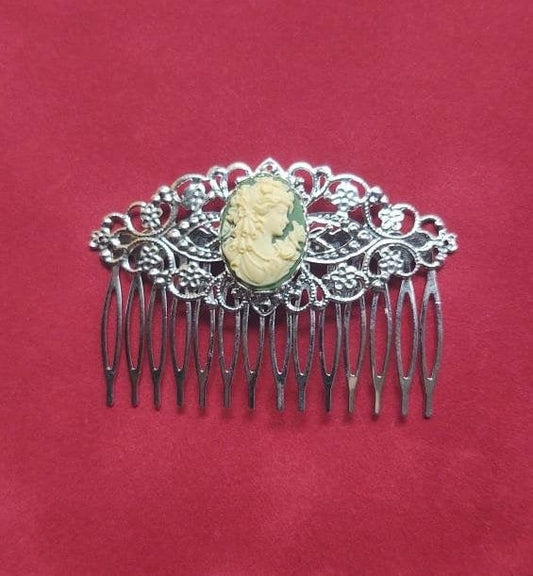 Green Cameo with Silver Filigree Hair Comb, 19th Century Hair Accessory, Victorian, Prom, Evening, Prom, Bridal