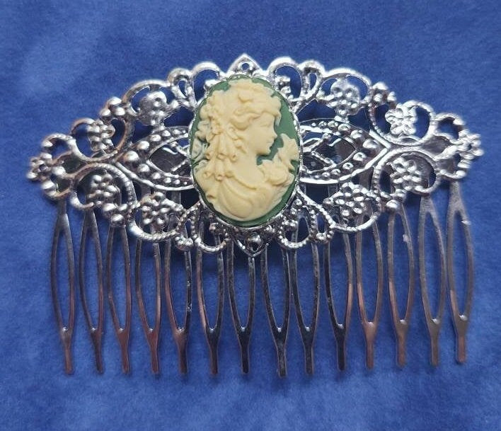 Green Cameo with Silver Filigree Hair Comb, 19th Century Hair Accessory, Victorian, Prom, Evening, Prom, Bridal