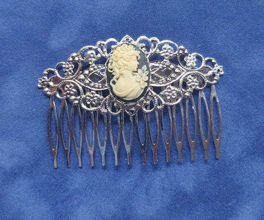 Black Cameo with Silver Filigree Hair Comb, 19th Century Hair Accessory, Victorian, Prom, Evening, Prom, Bridal