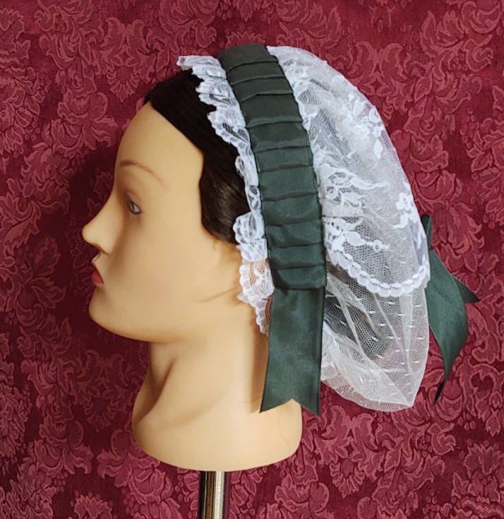 White Lacy Daycap with Forest Green folded ribbon coronet trim and fanchon style overlay - Day Cap, Civil War, Historical Headwear