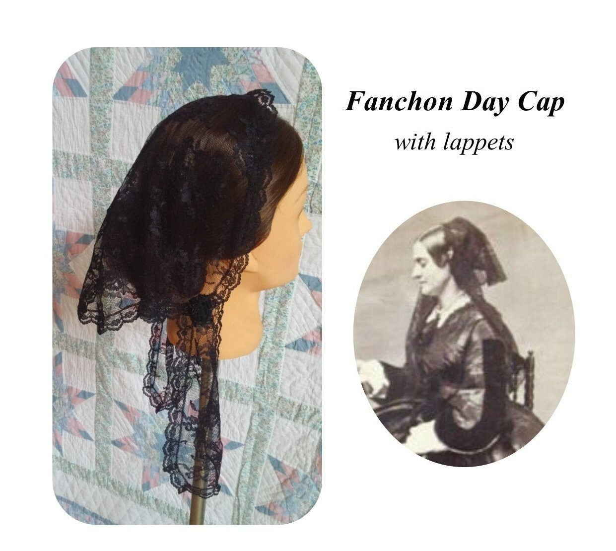 Black Lace Fanchon Styled Day Cap with Lappets - Daycap - Fanchon - Mourning, Historical Headcovering, Breakfast Cap, Civil War, Dickens