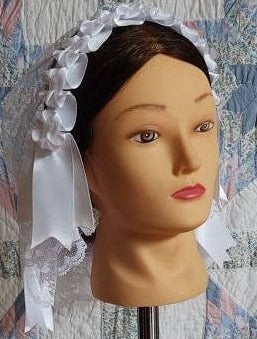 White Lace Fanchon Styled Day Cap with White Satin Ribbon Trim- Daycap - Historical Headcovering, 19th Century, Civil War, Dickens