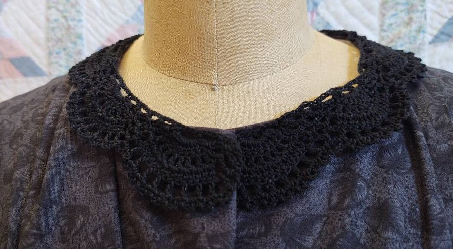 Lady's Crocheted BLACK Mourning Collar Made from 19th Century pattern - New, Handmade, detachable, 19th Century, Victorian, Made in USA