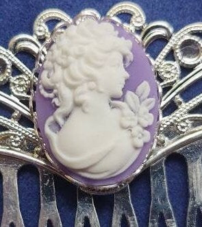 Pair of Purple Cameo on Silver Filigree Hair Combs, 19th Century Hair Accessory, Victorian, Prom, Evening, Prom, Bridal