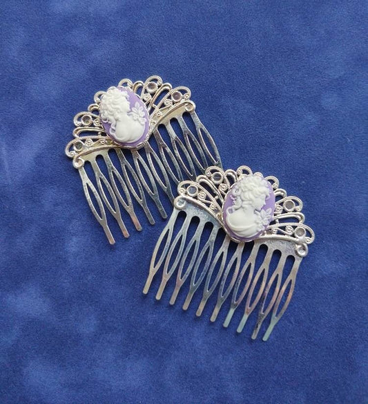 Pair of Purple Cameo on Silver Filigree Hair Combs, 19th Century Hair Accessory, Victorian, Prom, Evening, Prom, Bridal