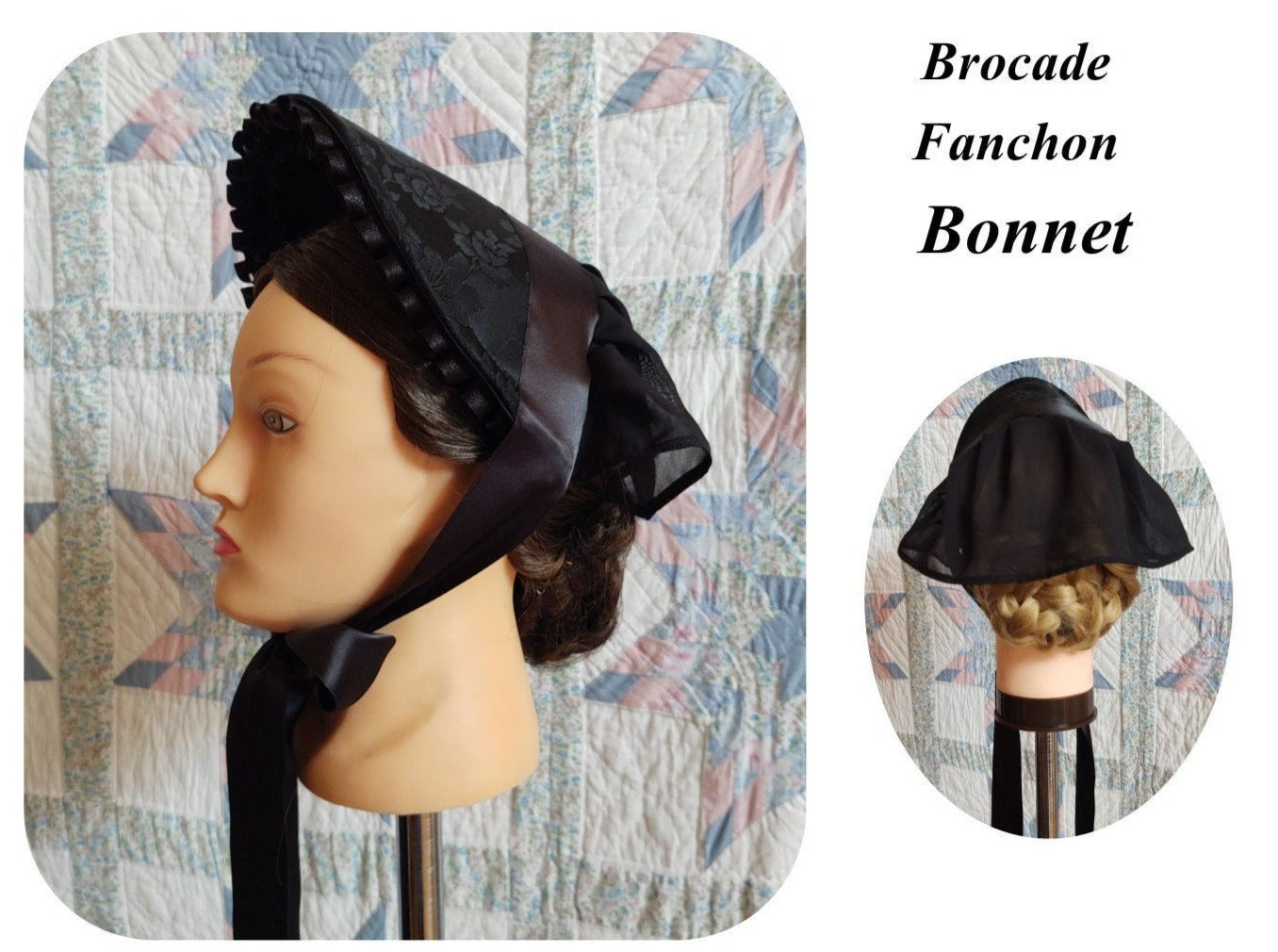 Brocade Fanchon Mourning Bonnet - Dinner Bonnet - Empire Bonnet - Widows Weeds - Civil War - 19th century Victorian