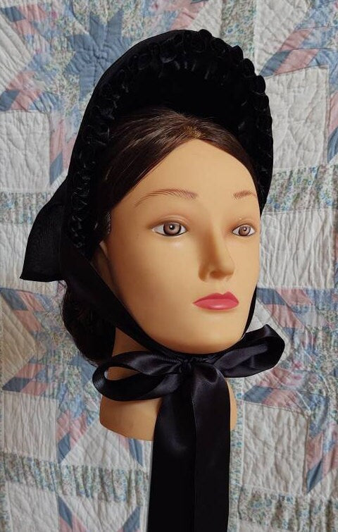 Brocade Fanchon Mourning Bonnet - Dinner Bonnet - Empire Bonnet - Widows Weeds - Civil War - 19th century Victorian