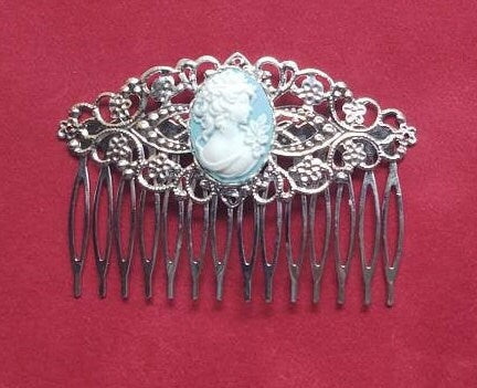 Blue Cameo with Silver Filigree Hair Comb, 19th Century Hair Accessory, Victorian, Prom, Evening, Prom, Bridal