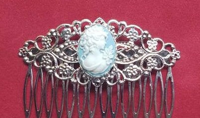 Blue Cameo with Silver Filigree Hair Comb, 19th Century Hair Accessory, Victorian, Prom, Evening, Prom, Bridal
