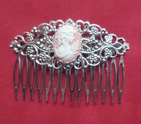 Pink Cameo with Silver Filigree Hair Comb, 19th Century Hair Accessory, Victorian, Prom, Evening, Prom, Bridal