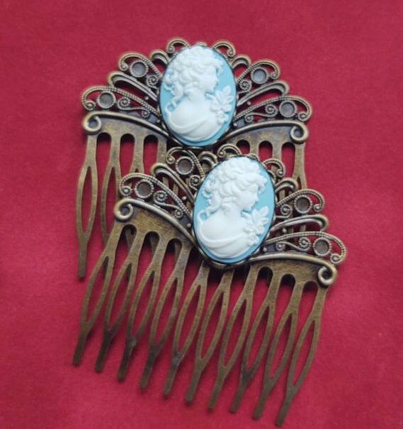 Pair of Blue Cameo on Bronze Filigree Hair Combs, 19th Century Hair Accessory, Victorian, Prom, Evening, Prom, Bridal